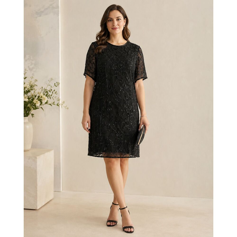 Lane Bryant 100% Silk Black Beaded Dress Women’s US 22/24 3X Short Sleeve Midi